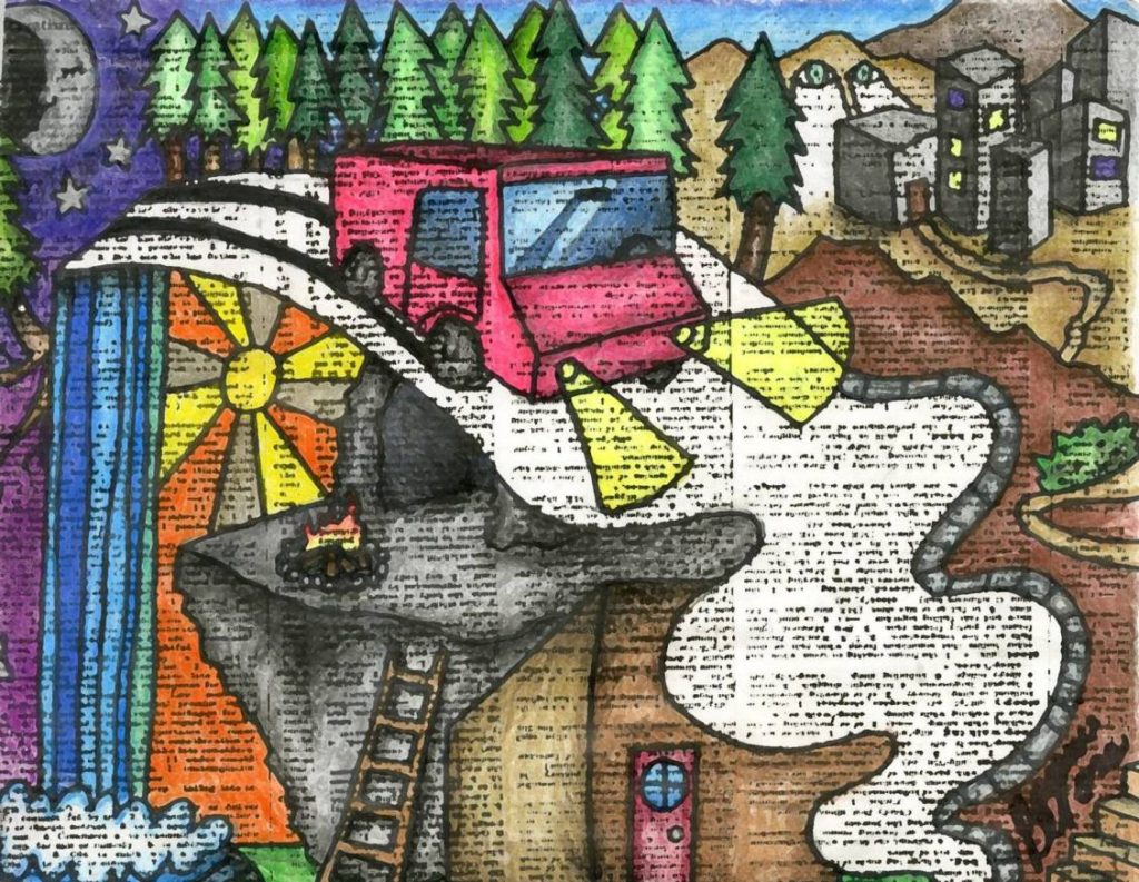 artwork of pink truck traveling on a road