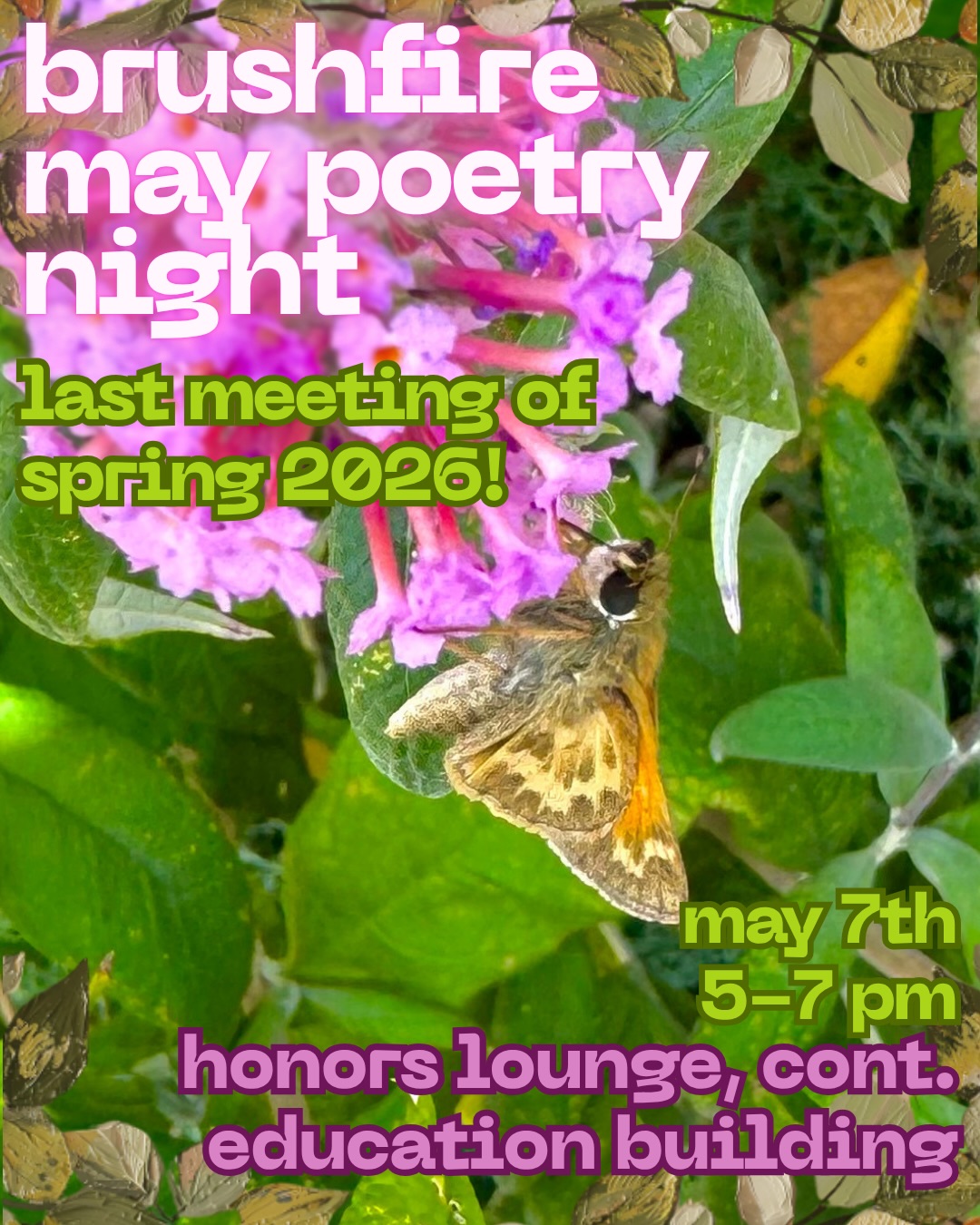 We have reached the most bittersweet point within the semester... Summer is here, but so is the last Poetry Night of this semester!

Don't miss out! Come join us for donuts, poetry/music, and a summer goodbye! 

WHEN: May 7th, 5-7pm 
WHERE:  Continuing Education Bldg, 1041 N Virginia St, Reno, NV 89503
WHAT: Brushfire's Poetry Nights are an open mic poetry event. We accept prose, poetry, and short musical performances!