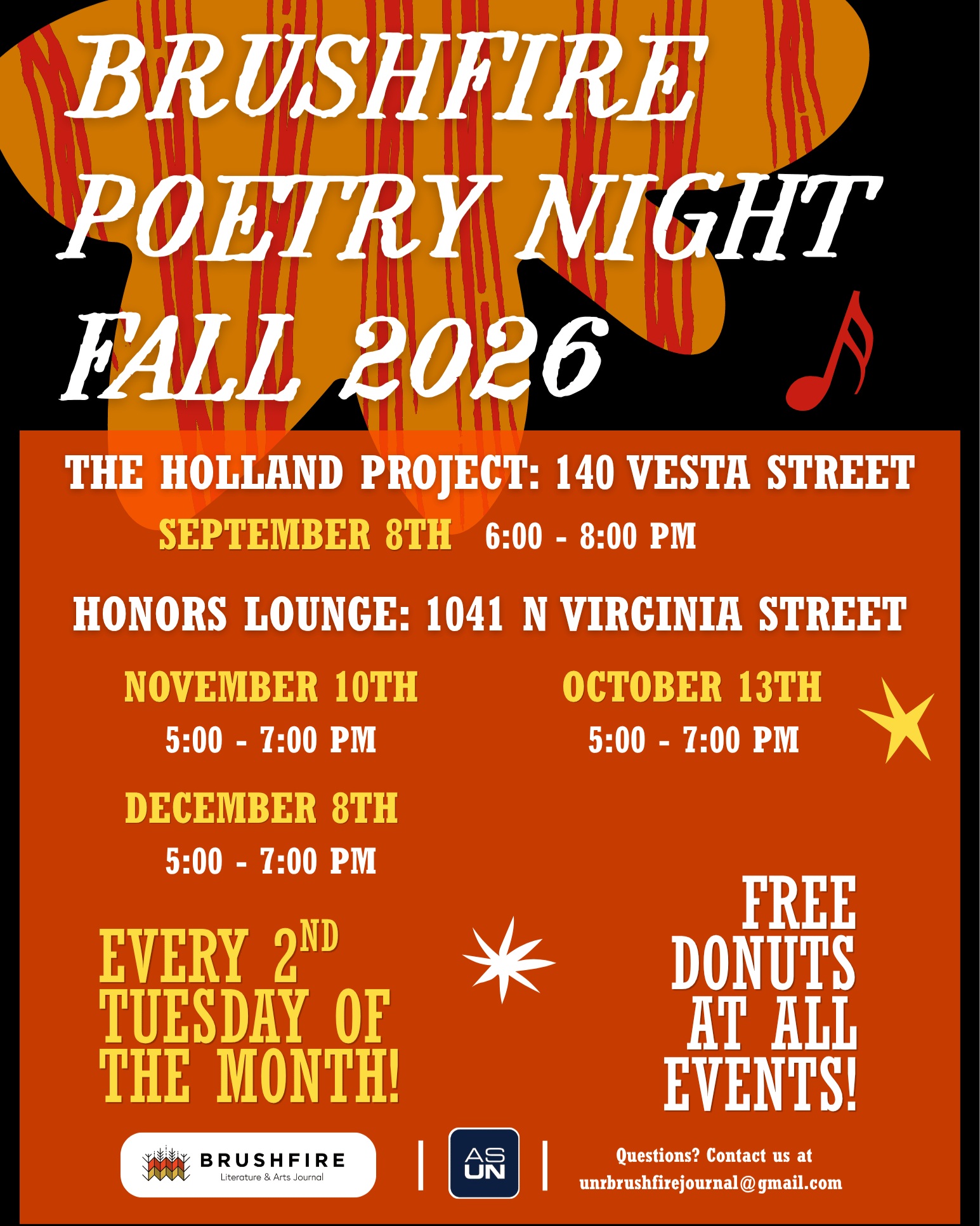 Poetry Night is back for the fall 2026 semester! Great news – our first event of the semester is hosted at the Holland Project! We are shifting to the second Tuesday of the month, our confirmed dates are posted on this flyer. If there are any changes to these dates, we will let you know here!

Thank you @hollandreno for collaborating with us, we’re so excited to host our first event of the semester with you. For the remainder of the semester, we will be hosting Poetry Night in the Honors Lounge. You can find the Honors Lounge on the second floor of the Continuing Education building. We will have signs posted in the building to help you find our room!

Bring a friend and your poetry for a night of open mic reading! We also welcome acoustic music performances so bring an instrument and a song as well! Everyone is invited, whether they want to perform or listen to the audience. We are providing free Doughboys Donuts at all events! Hope to see you all there!