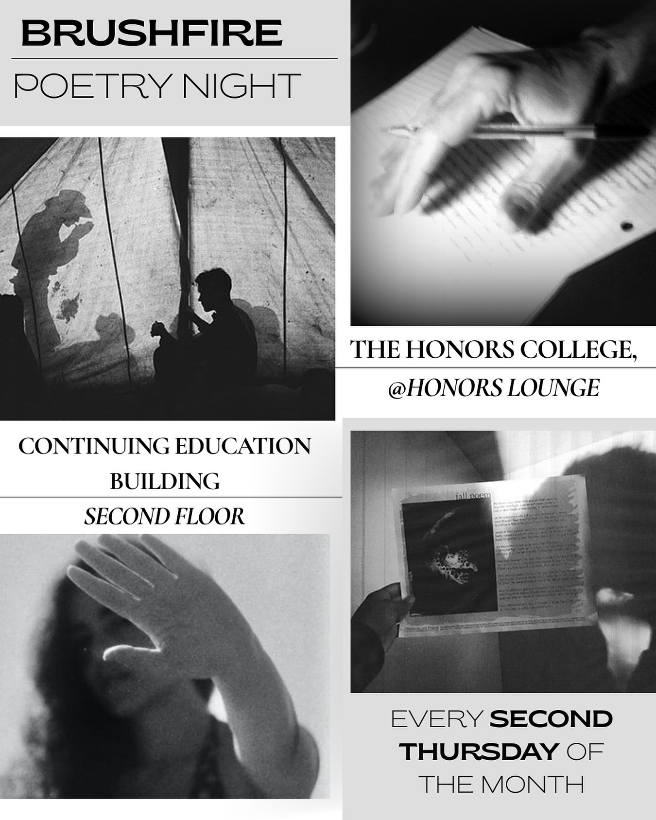 Brushfire Poetry Nights aim to let students and local artists present their work through an open mic format. 

Come join us every Second Thursday of the month, and present both your poetry and music!

WHERE: Continuing Education Building 2ND Floor Lounge, 1014 N Virginia ST, Reno, NV 89503

WHEN: Every second Thursday of the month

TIME: 5-7PM, arrive and leave whenever