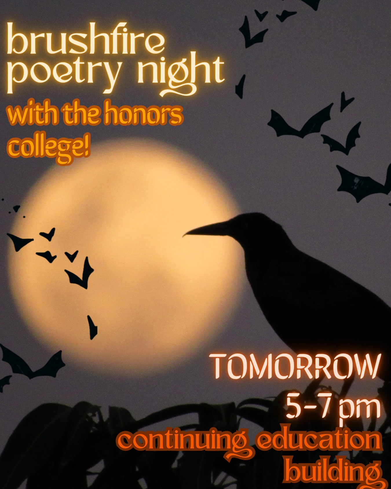 REMINDER!!! BRUSHFIRE POETRY NIGHT TOMORROW!

Don't miss out, come in anytime from 5-7pm at the Honors Lounge! We will have donuts, poetry, and music :)

WHERE: Continuing Education Building,
WHEN: November 13th, Thursday, 5-7PM
WHAT: Brushfire Poetry Night is a standup spoken poetry event, including some acoustic musical performances. It happens once a month, on the Second Thursday. Anyone is welcome to come, UNR student or not!